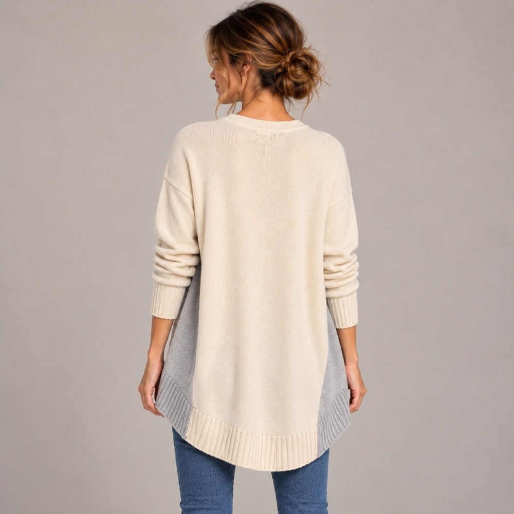 Eileen Fisher XXS XS Cream Gray Colorblock High Low Sweater Tunic Quiet Luxury - Picture 6 of 13